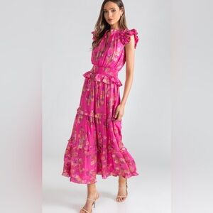 Shoshanna Maren Metallic Dress Fuchsia Pink Gold